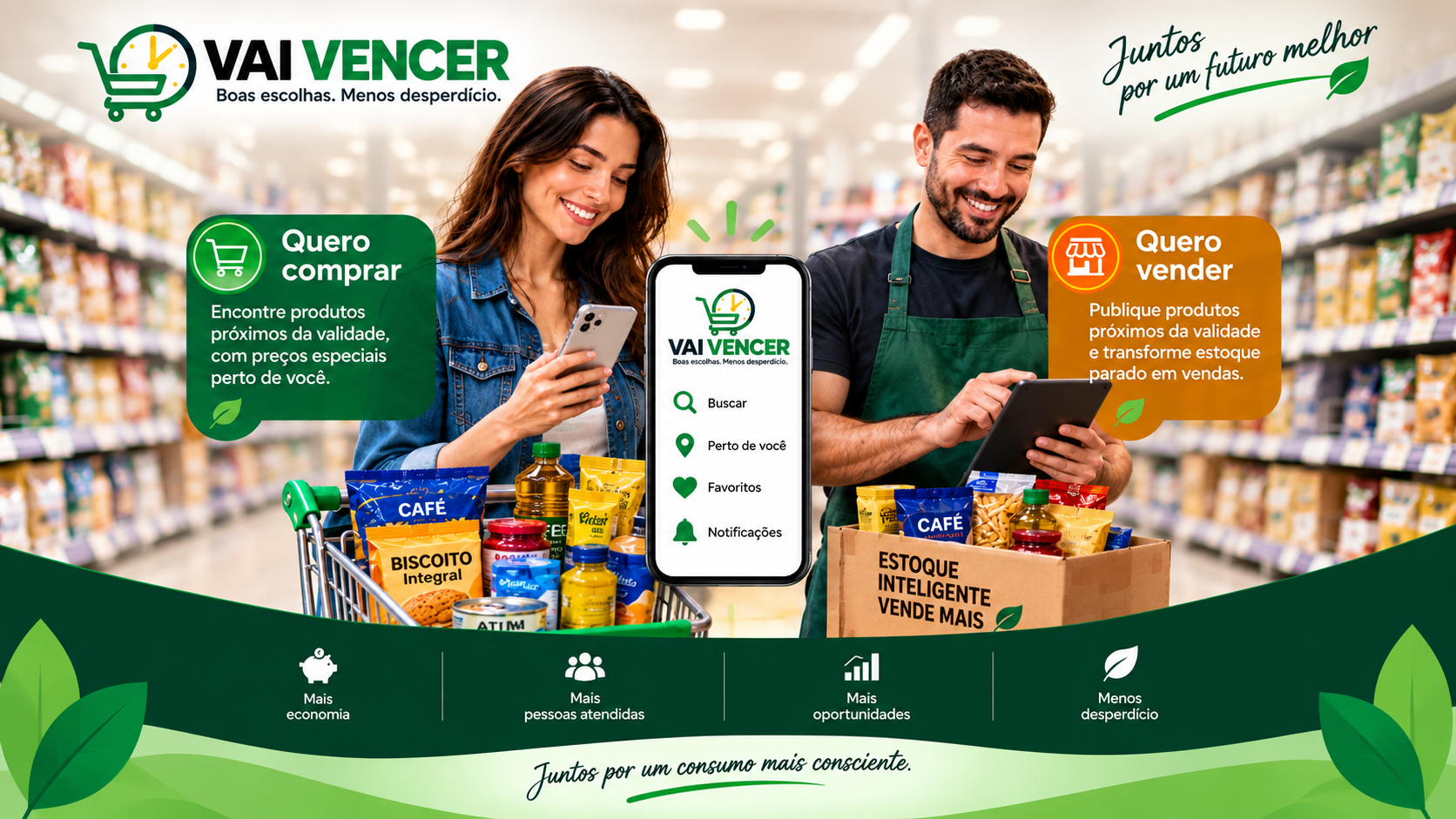 Banner VAI VENCER: mulher usando o aplicativo no supermercado, com produtos não perecíveis no carrinho e ofertas destacadas
